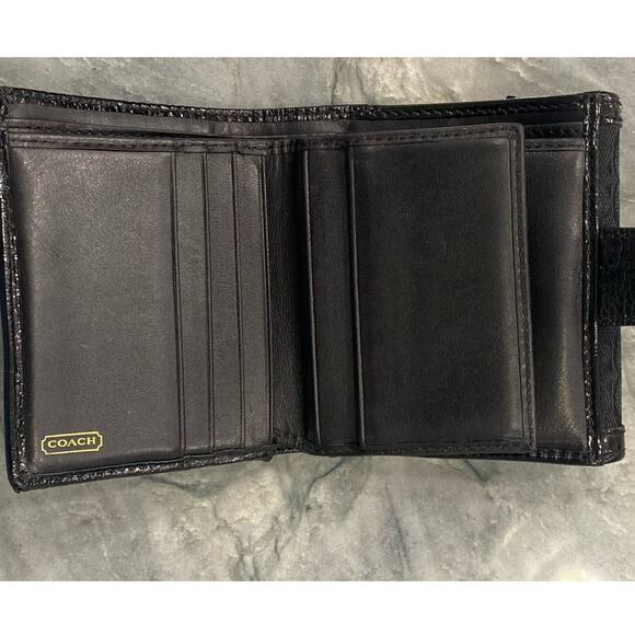 EUC Coach Monogram Canvas Patent Leather Black and Gold Bifold Unisex Wallet - Picture 12 of 16